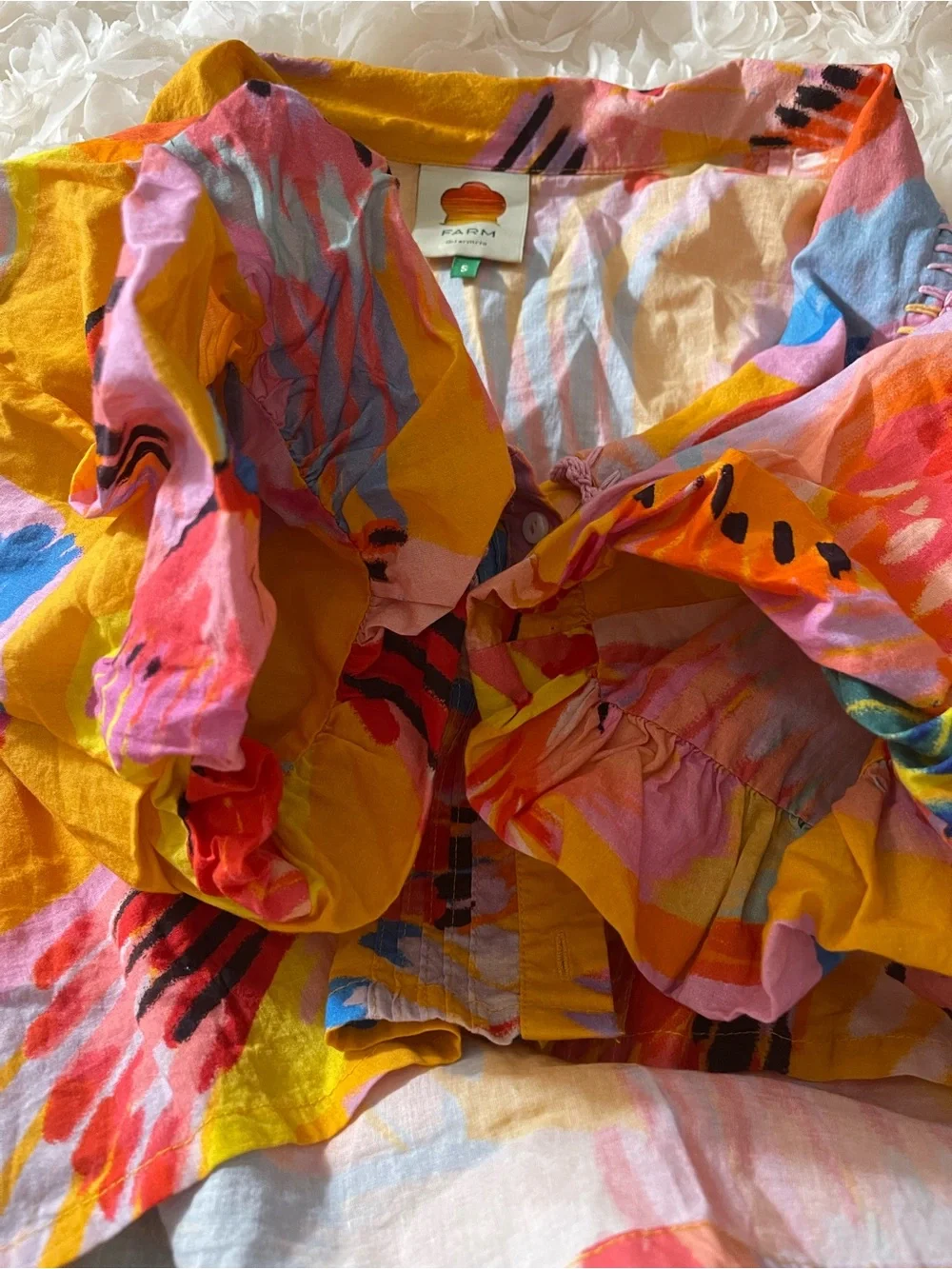 Farm Rio Neon Macaws Buttoned Blouse Multicolor Cropped Top